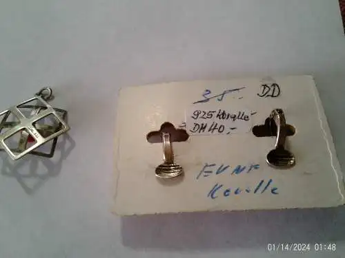 Korallen 925Ohrklipps  Höhe 14 mm und 835 Juwel Anhänger 25 x 25 mm Art Deko Silber Ideal als persönliches Geschenk!