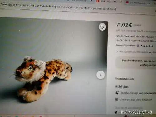 Steiff Leopard Mohair Plüsch, nur 1955-61 gefertigt Steiff Tagged laufender Leopard Knopf..