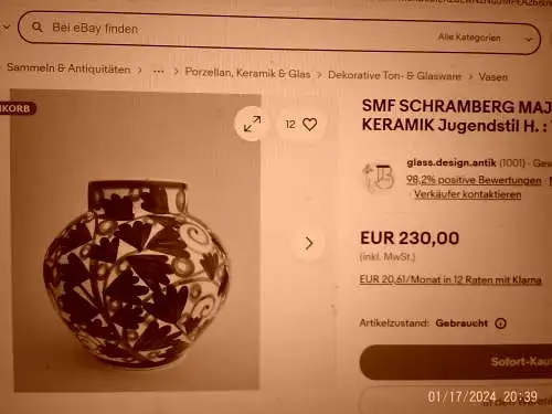 Design von Eva Ziesel Stricker SMF Schramberg Formnummer 2822 Hand bemalt Jugendstil seltene Ballonvase Zeit des Art Deko