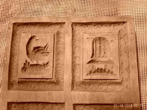 Springerle Modell 4 Motive und 1 Motiv:  um 1860 besonders seltene Motivwahl Kirschbaum 9x 11x 1,8 cm  Provenienz Bäckerei  Gauss in Bretten