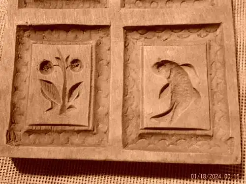 Springerle Modell 4 Motive und 1 Motiv:  um 1860 besonders seltene Motivwahl Kirschbaum 9x 11x 1,8 cm  Provenienz Bäckerei  Gauss in Bretten