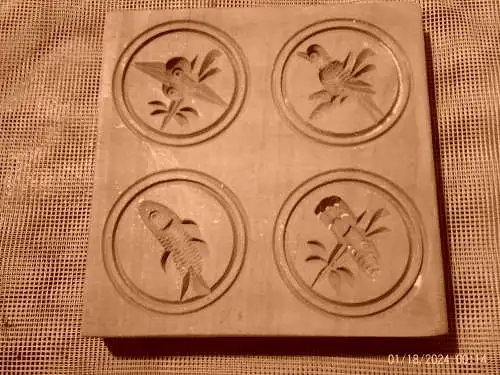 Springerle Modell 4 Motive :  um 1880 besonders seltene Motivwahl Kirschbaum 9x 9,5x 1,4 cm  Provenienz Bäckerei  Gauss in Bretten