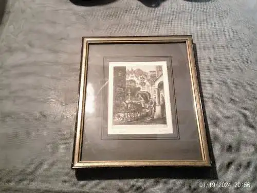 Eine idyllische Kutschenfahrt Radierung um 1900 signiert Michel