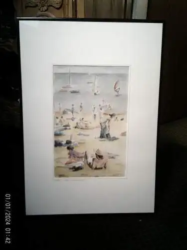 Roger Fralo  "Ein reger mit Badegästen besuchter Sommertag am Strand "  Aquarell auf Papier gerahmt 51cm – 72cm 