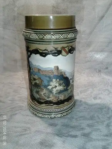 Museale  Krug Villeroy & Boch Mettlach geritzte Vase um 1880 Panorama Ansicht Heidelberg Nr.1675 Stempel V&B wohl von  Umfeld Christopher Dresser  