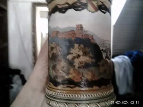 Museale  Krug Villeroy & Boch Mettlach geritzte Vase um 1880 Panorama Ansicht Heidelberg Nr.1675 Stempel V&B wohl von  Umfeld Christopher Dresser  