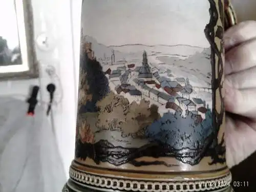 Museale  Krug Villeroy & Boch Mettlach geritzte Vase um 1880 Panorama Ansicht Heidelberg Nr.1675 Stempel V&B wohl von  Umfeld Christopher Dresser  