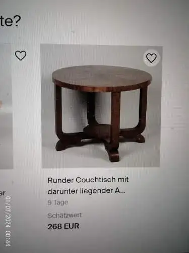 Art Deco Beistell Tisch Couchtischum 1925-35 rund  franz.Nußbaum oder Mahagonie Stammholz furnierte Platte