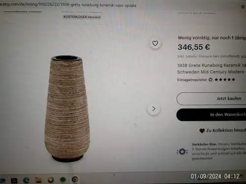 In der Art der  Upsala Ekeby  1938 - ? Keramikvase von Greta Runeborg entworfen, verfügt über eine strukturierte Oberfläche