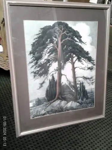 Hans Schönwald farbige Litho arbeite 1930 in der Förderei Darss Rügen "Worpswede Bauernhäuser 