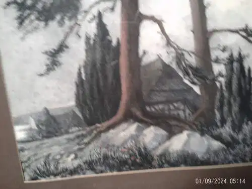 Hans Schönwald farbige Litho arbeite 1930 in der Förderei Darss Rügen "Worpswede Bauernhäuser 