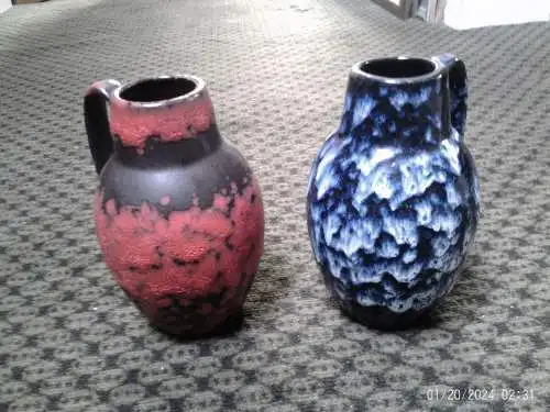 2 Heinz Siery Dekor Lora Lauflasuren +Fat Lava Mid Century Scheurich Keramik Vase Vintage 60 Ära H: 16cm  Formnummer: 414-16