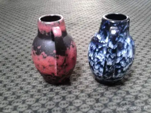 2 Heinz Siery Dekor Lora Lauflasuren +Fat Lava Mid Century Scheurich Keramik Vase Vintage 60 Ära H: 16cm  Formnummer: 414-16