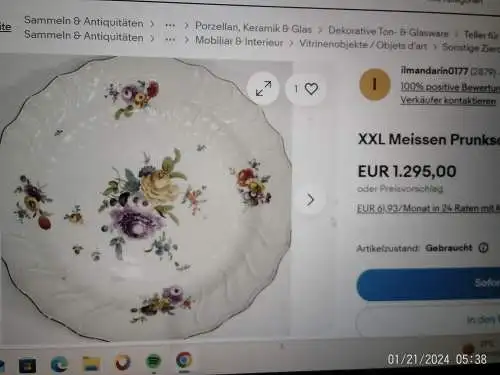 Ovale Schale weiß im  Schwanen Dekor Goldrand Meissen Deutsche Blume / Streublumen Dekor 1. Wahl Zeit 1763 -1780 , Porzellan sehr gute Erhaltung aus der Vitrine