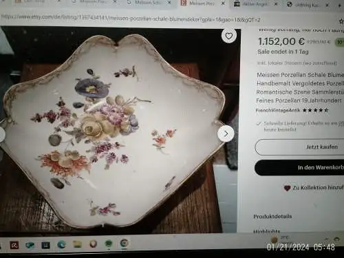 Ovale Schale weiß im  Schwanen Dekor Goldrand Meissen Deutsche Blume / Streublumen Dekor 1. Wahl Zeit 1763 -1780 , Porzellan sehr gute Erhaltung aus der Vitrine