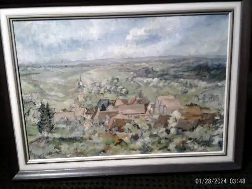 Eduard Fischer 1852 Berlin – 1904 "Schwäbische impressionistische Landschaft mit einer Dorfydille" signiert und 1904 datiert