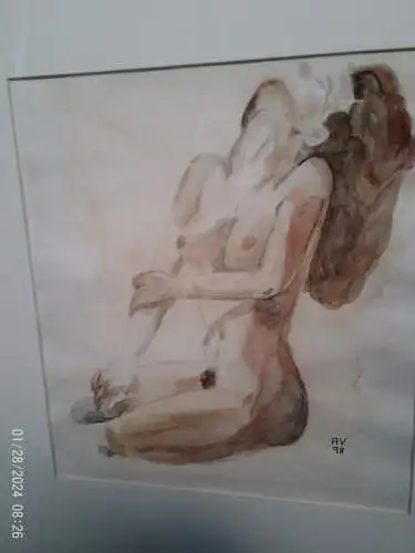 AKIS VASILOPOULOS , Patros Griechenland  hier: Akt sitzend "Mädchenakt"  signiert AV gerahmt 1998datiert impressionistisches Aquarell !! Masse gerahmt: 54 x 85 cm 