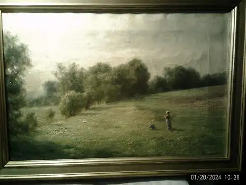 A.L  Broune  "Blumenwiese Mutter mit Kind spielend"  signiert  impressionistisches Gemälde um 1870