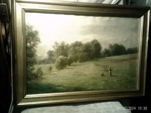 A.L  Broune  "Blumenwiese Mutter mit Kind spielend"  signiert  impressionistisches Gemälde um 1870