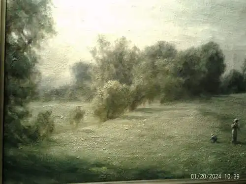 A.L  Broune  "Blumenwiese Mutter mit Kind spielend"  signiert  impressionistisches Gemälde um 1870