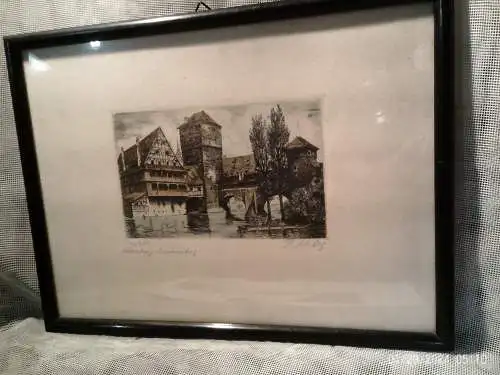 Original Radierung "Nürnberg Henkersteg" Bernhard. Liebig 1893-? org. Rahmung Masse : 27 x 20 cm 