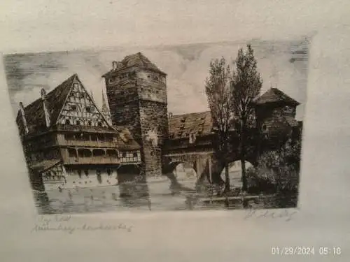 Original Radierung "Nürnberg Henkersteg" Bernhard. Liebig 1893-? org. Rahmung Masse : 27 x 20 cm 