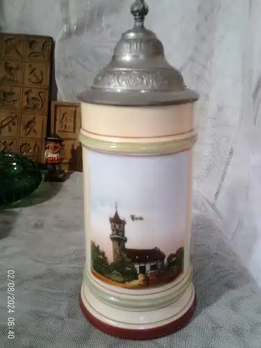 Porzellan Bierkrug Teck Aussichtsturm  um 1890-1900 Bodenbild 2 Mädchen einen Brief lesend !