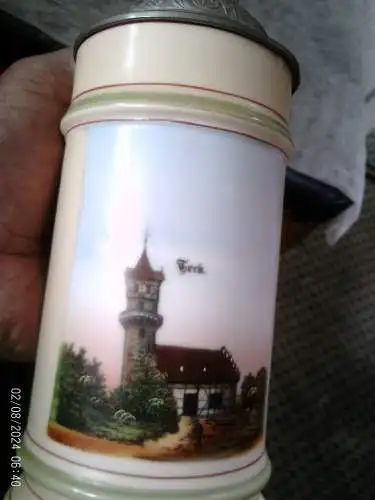 Porzellan Bierkrug Teck Aussichtsturm  um 1890-1900 Bodenbild 2 Mädchen einen Brief lesend !