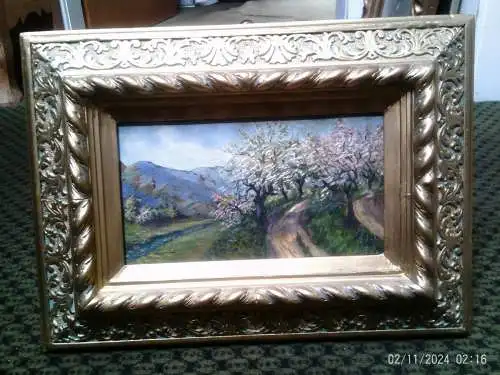 "Kirschen-Mandelblüte an der Oos in Baden Baden  " Zuschreibung : Volkmann, Hans Richard von 1860 - 1927        Provenienz  Galerie Kühne Rahmung :vergolderei Lücke 