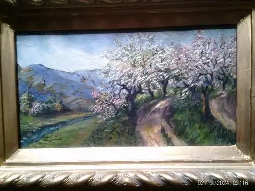 "Kirschen-Mandelblüte an der Oos in Baden Baden  " Zuschreibung : Volkmann, Hans Richard von Halle 1860 - 1927