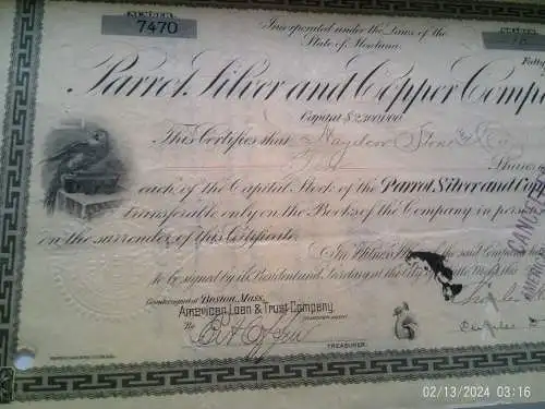 Aktie der Perrott Silver-and Copper 1898