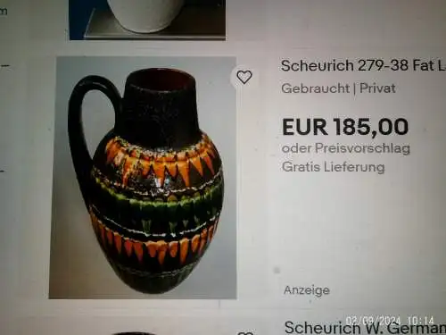 Scheurich Lora Crusty Multi Colour Henkelkanne Fat Lava Modell279-38 Keramik1960 tolle Farben 