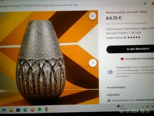 Vintage STEULER KERAMIK Braun mit Gelber Tropfglasur Vase, West German Pottery 1960er Jahre. Diese Vase mit der Formnummer 127/25 ist in ausgezeichnetem Zustand