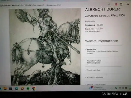  Artkunst24-de biete:  AlbrechDürer Radierung St.Georg zu Pferd , in der Patte signiert und 1508 datiert , ein späterer Abzug um 1960 in alter Rahmung und Verglasung Masse: 19,5 x 25,5 cm