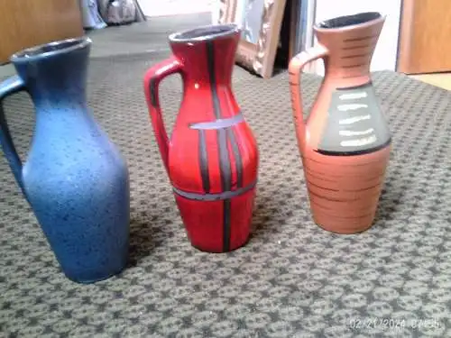 3 Stück Heinz Siery Dekor Ferarrirot , Möweneifarben und Afrika Gazelle Dekor Lauflasuren Mid Century Scheurich Keramik Vase Vintage 60 Ära H: 16cm  Formnummer: 274-21