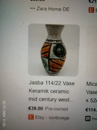 Jasba Kubistische Vase 114-22 Dekor Inka Gazelle  Ziegelrot 7Braun  1960/70 Höhe: 23 cm guter Zustand da nur Vitrine 