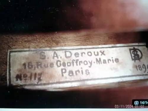    Deroux Sebastien Auguste  1848-Mirecourt 1919 Paris Label datiert 1899 Typus:  Guarneri-Stradivari 4/4 spielfähig !!