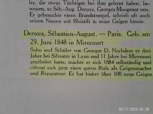    Deroux Sebastien Auguste  1848-Mirecourt 1919 Paris Label datiert 1899 Typus:  Guarneri-Stradivari 4/4 spielfähig !!