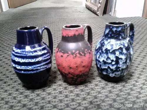 3 Heinz Siery Dekor Lora Rötliche  Lauflasuren +Fat Lava Mid Century Scheurich Keramik Vase Vintage 60 Ära H: 16cm  Formnummer: 414-16