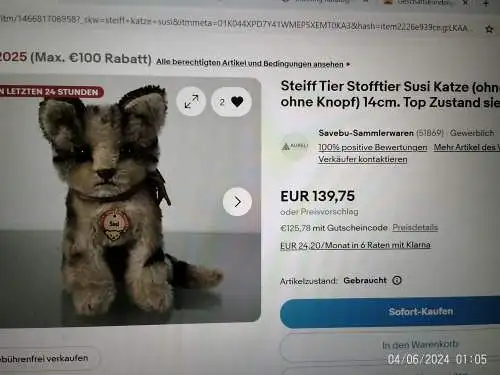 Steiff 2780/14 Susi Katze um 1958 Schleife Fahne Knopf Etikett nahezu unbespielt!!