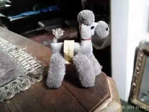 Steiff Miniatur Pudel 7415 mit Schild Halsband und Knopf Wolle Woll mini 1960er
