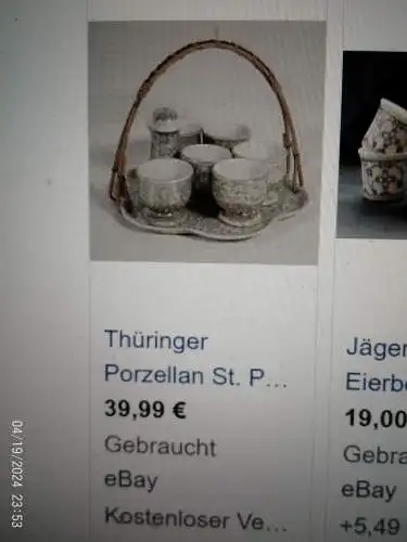 Thüringer Porzellan Set Eierbecher mit Tablett Art Deko ca 1930-40 bestehend aus : Tablett mit Basthenkel , 5 Eierbecher und 1 Salzstreuer 