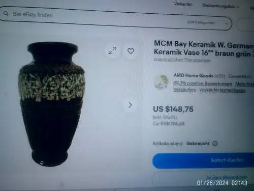 Studio Keramik Designer:Bodo Mans Ananas Azteke  Mid Century Bay Keramik Vase, 72-40, Vintage Krug, Türkis Braun um 1970 Höhe : 40 cm 