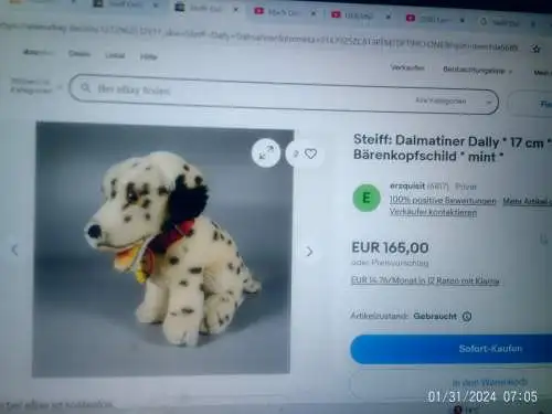 Alter Steiff Hund - Dalmatiner Dally - 17 cm - Knopf + Fahne + Halsband von 1963 unbespielter originaler Zustand !
