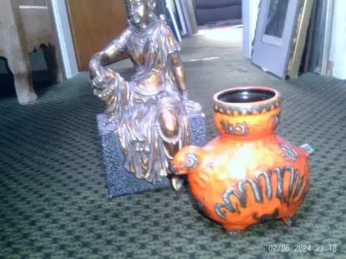 Dümler & Brieden 1960 Figur Tier Zier Keramik  Orange Grün Braun Vase Formnr.: 624-16 H: 16cm  sehr gute Erhaltung!