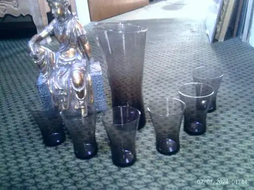 Zwiesel H. Löffelhardt Design Glas Krug + 5 Gläser Saftset 60er 60s Rauchglas Heinrich Löffelhardt  1901 HN - 1977 Stuttgart