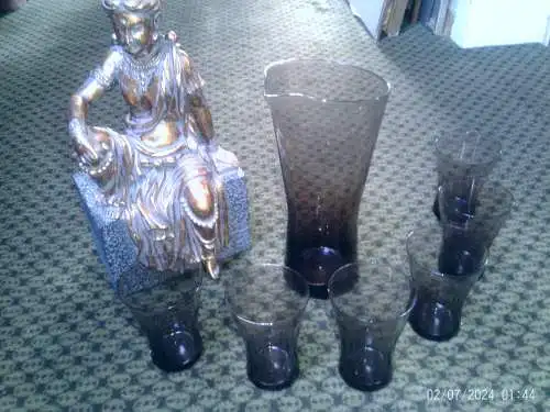 Zwiesel H. Löffelhardt Design Glas Krug + 5 Gläser Saftset 60er 60s Rauchglas Heinrich Löffelhardt  1901 HN - 1977 Stuttgart 