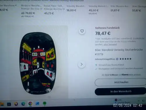 Besonders schönes Keramikbild mit der Seufzerbrücke aus Venedig um 1960 Emaillemalerei zum Aufhängen oder als Obstschale nutzbar.