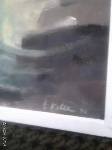 Edith Keller  datiert 1990" Konstruktive Stadtansicht mit einem Park" Malstil ist : expressiv-kubistisch