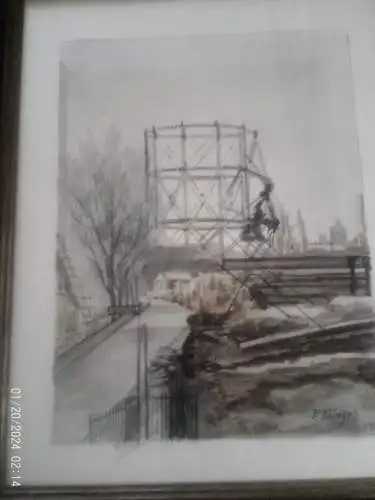 Aquarell Gasometer in Oberhausen um 1930 signiert P oder F Klingel Maße gerahmt : 30 x 36 cm   Farbenfrische Erhaltung !